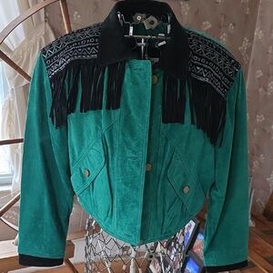 Scully Teal and Black Suede Fringe Bomber Jacket